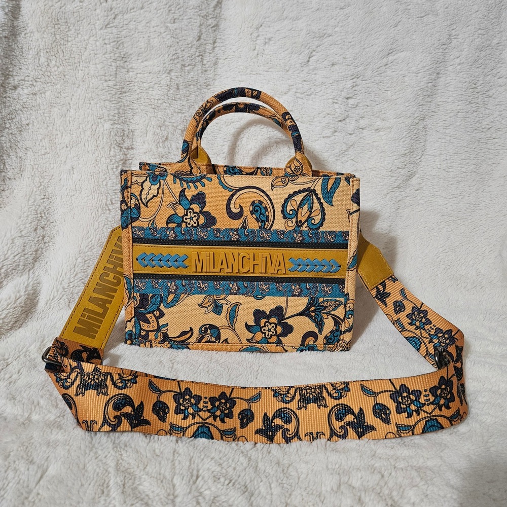 Milanchiva Paisley Floral Canvas Tote Bag Crossbody Mustard Yellow Blue Small